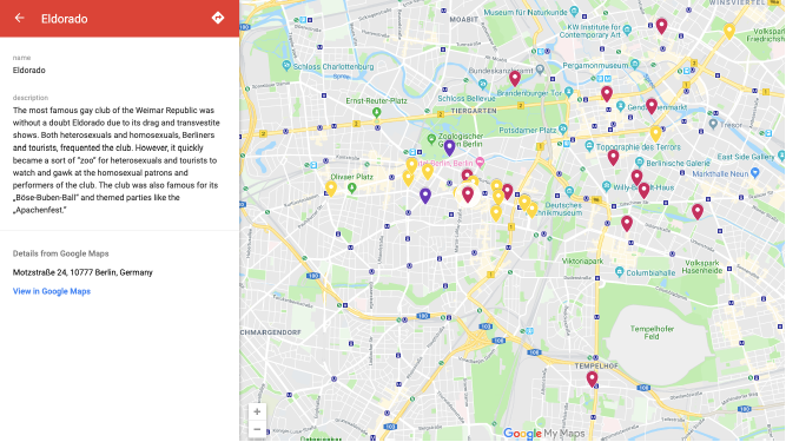 Screenshot of map of Berlin with pins showing locations of historical queer institutions. This image also gives a brief description of the club Eldorado

